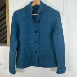 Lafayette 148 New York Teal Button-Up Fine Wool Cardigan
